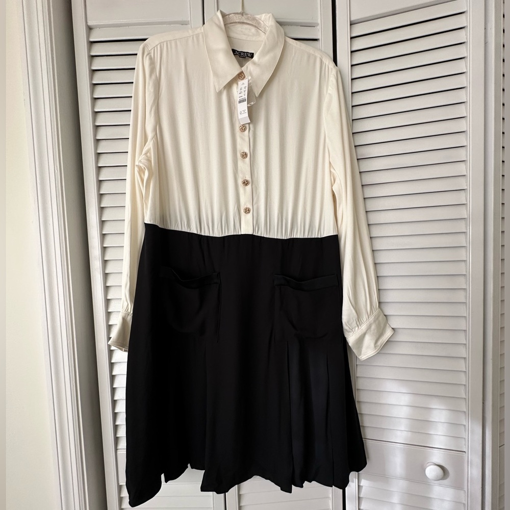 NWT J.Crew ivory and black button-down crepe shirt dress, size 18